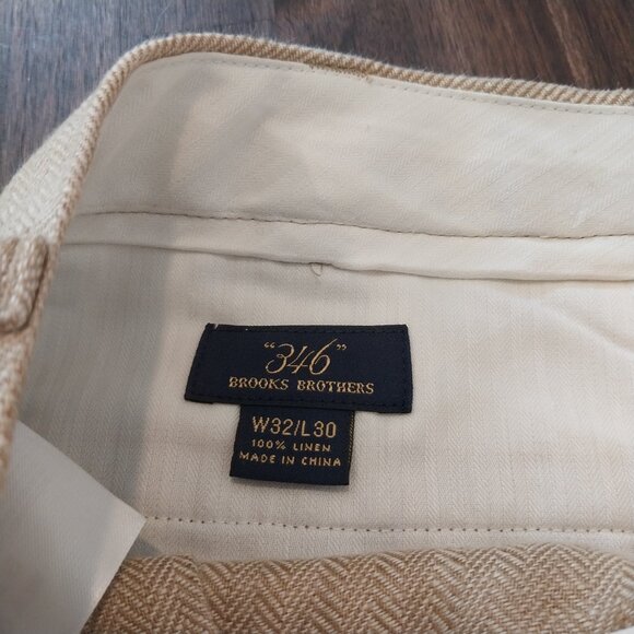 346 Brooks Brothers 100% Linen Pants Men 32x30 Dark Beige Tan Herringbone Cuffed - Picture 8 of 13
